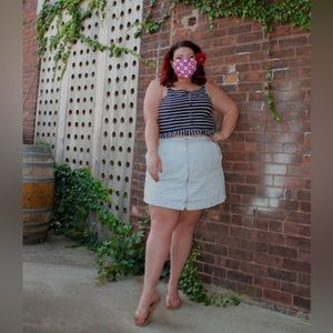 American Eagle Navy White Striped Cropped Cotton Peplum Ruffle Top XXL